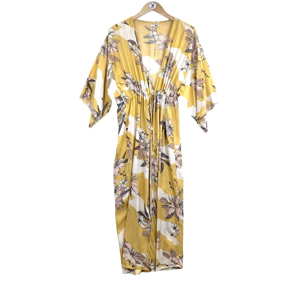 AMUSE SOCIETY Kimono Floral Ginger Womens S Yellow Tie Front Maxi Duster Boho